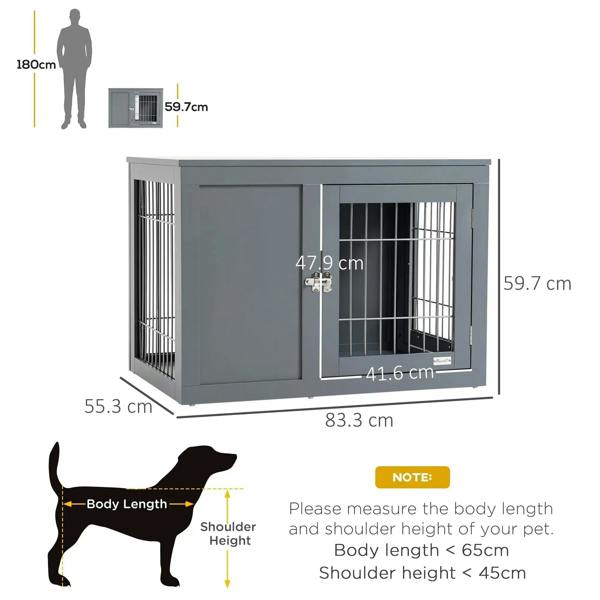 Grey dog crate end table with two lockable doors and front wire-bar window panels