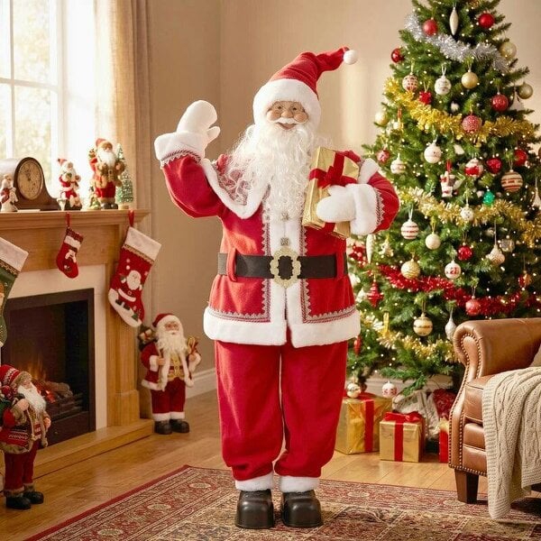 Bobobiy 5ft Life Size Singing Santa Claus, Animated Santa with Rotating Head, Waving Hand, Posable Arms, Sound Touch Activated - Red
