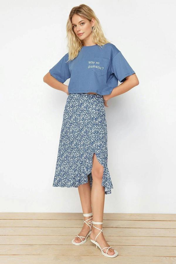 WOVCOR Printed High-Waisted Stretch Skirt with Gathering and Ruffles