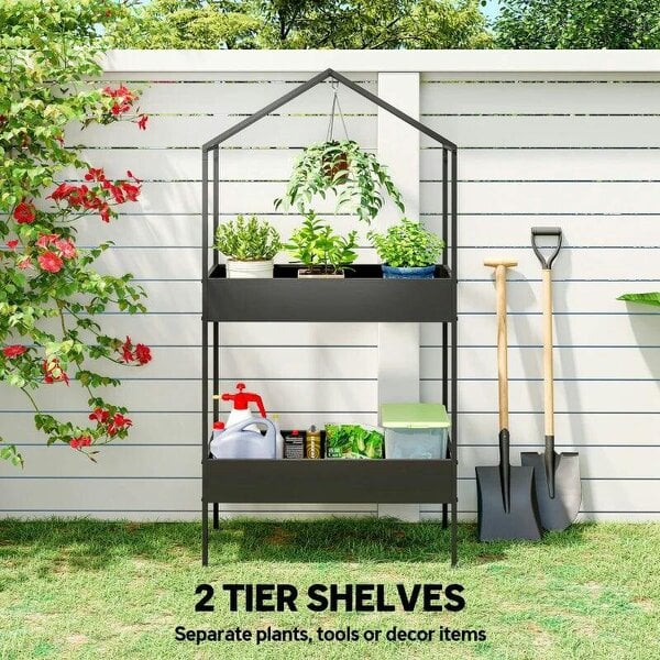 Bobobiy 2 Tier Plant Stand, Outdoor Indoor Metal Plant Stand with Hook, House-Shaped Pots Holder Display Rack, Black