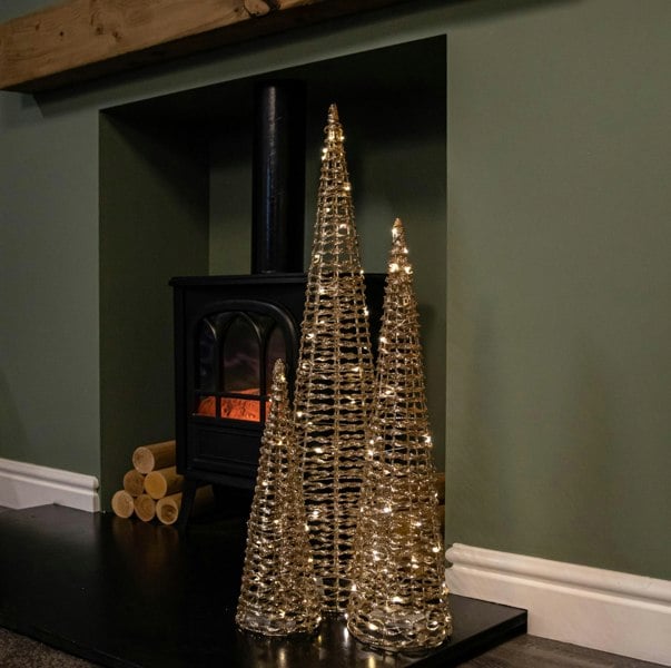 Samuel Alexander Set of 3 Gold Glitter Twist Christmas Cone Trees with 90 Warm White LEDs