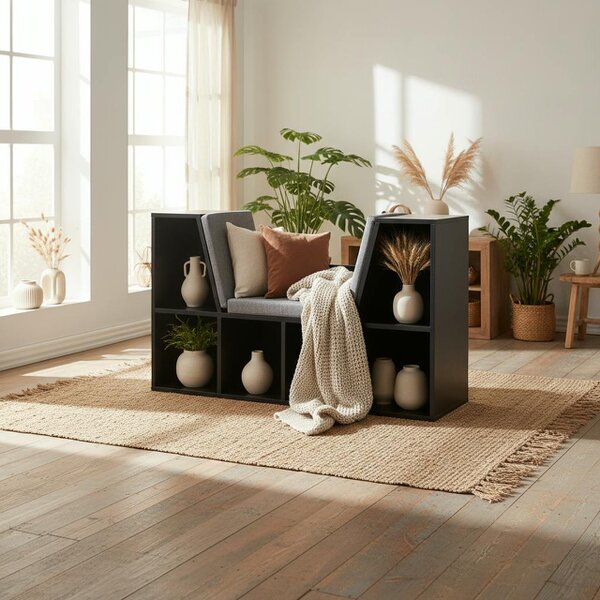 Wyld Haus Yofilo Wood And Fabric Black Cube Bookcase With Built In Reading Seat