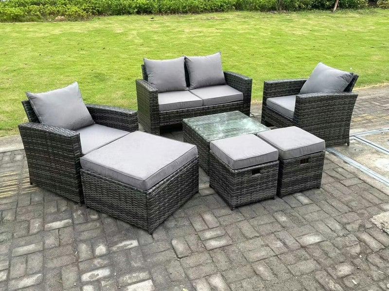 Fimous 7 Seater Dark Grey Mixed High Back Rattan Sofa Set Square Coffee Table Garden Furniture Outdoor 3 Stools