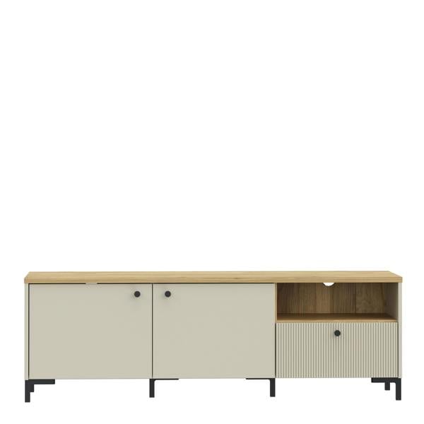 Furniture To Go Bixbite Wide TV Unit with Fluted Drawer, Open Shelf & Cupboard in Mauvella Oak and Sand