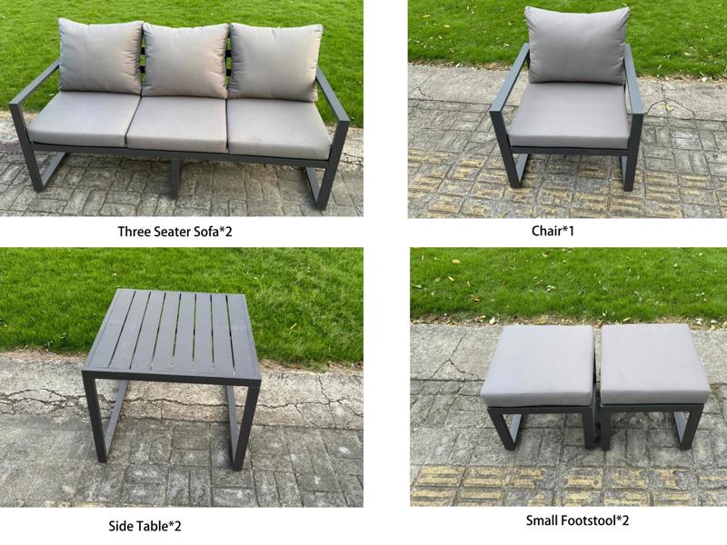 Fimous Aluminium Garden Furniture Sets 9 Seater Outdoor Sofa Dining Set with Adjustable Rising Dining Table 2 Side Tables 2 Small Footstools Dark Grey