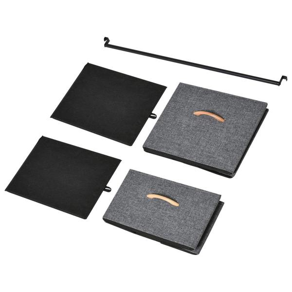 Grey fabric drawer panels with orange handles and black steel hanging rod bar