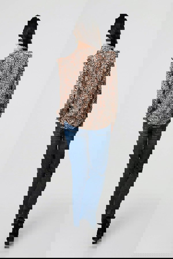 Beige | Animal Print Tie-Up Keyhole Neck Blouse
