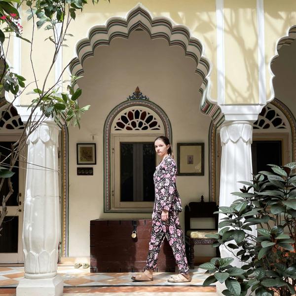 Hayley & Co Black and Pink Block Print Floral 100% Cotton Long Pyjama Set