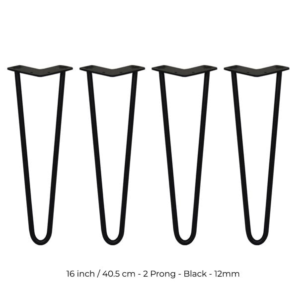 SkiSki 4 x 16" Hairpin Legs - 2 Prong - 12mm - Black