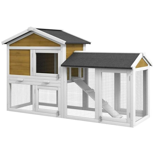Yellow outdoor rabbit hutch with two levels, ramp divider, wire mesh sides and dark roof