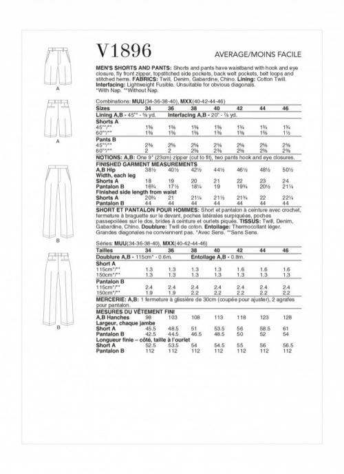 Vogue Sewing Pattern 1896, Shorts, Trousers for Men, MUU (34-36-38-40) - Intermediate