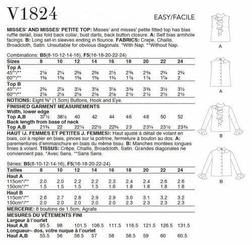 Vogue Sewing Pattern 1824, Tops for Women, B5 (8-10-12-14-16) - Easy