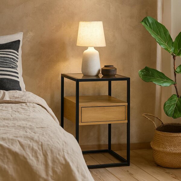 Wyld Haus Wrenna Black and Natural Oak Effect Square Bedside Table 1 Drawer Glass Top