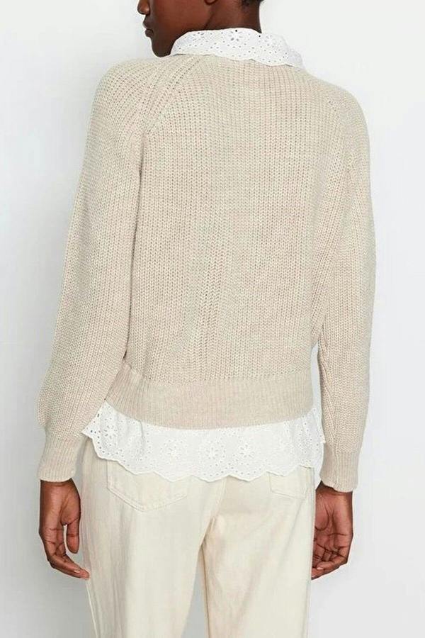 WOVCOR Crop V-Neck Knit Cardigan with Shirt Garnish Detail