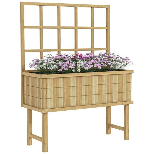 Natural wooden garden planter with trellis and raised bed, filled with pink flowers.