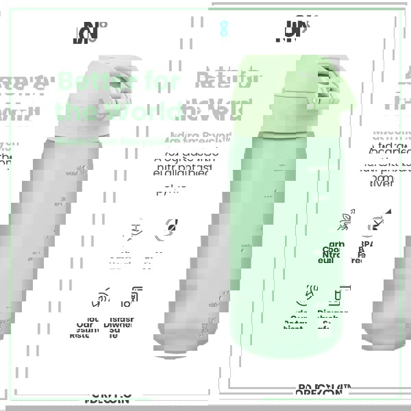 A light-green water bottle sits against a white background. It is made from Recyclon™, a food-grade, carbon-neutral plant-based polymer. The bottle is BPA-free, odour-resistant, and dishwasher-safe.