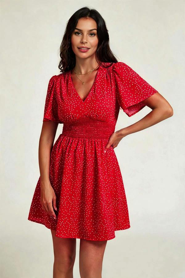 FS Collection Dot Print Short Sleeve Mini Dress In Red