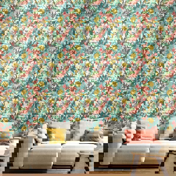 Hoopla Walls Paradise - Apricot & Jade 10m Wallpaper