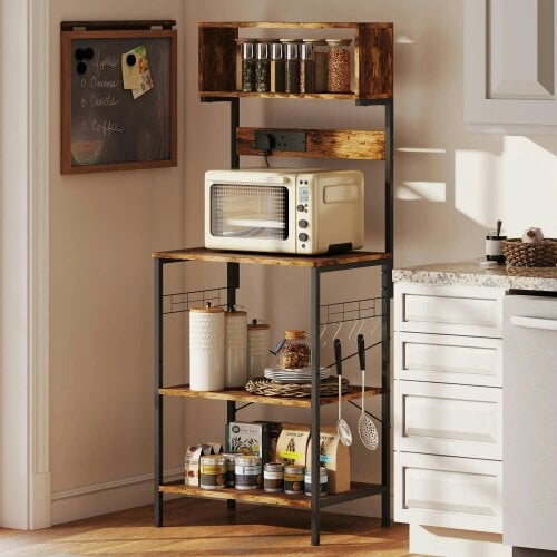 Bobobiy Bakers Rack with Power Outlet, Microwave Stand with Adjustable Shelves, 5 Hooks for Small Spaces, Rustic Brown