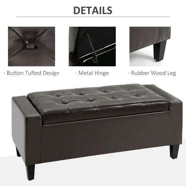 Tufted PU leather storage ottoman with metal hinge, button-tufted lid, and rubber wood legs