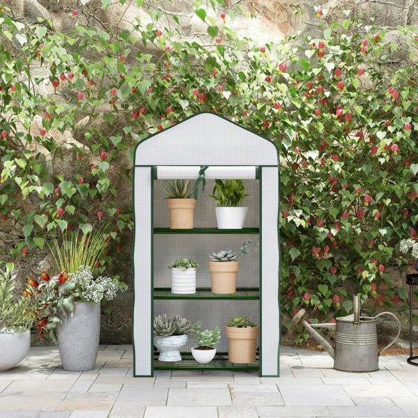 White three-tier mini greenhouse with green frame and three shelves, plant display front