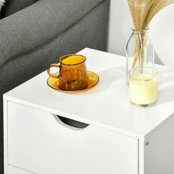 White two-drawer bedside table with smooth top and curved cut-out drawer pulls