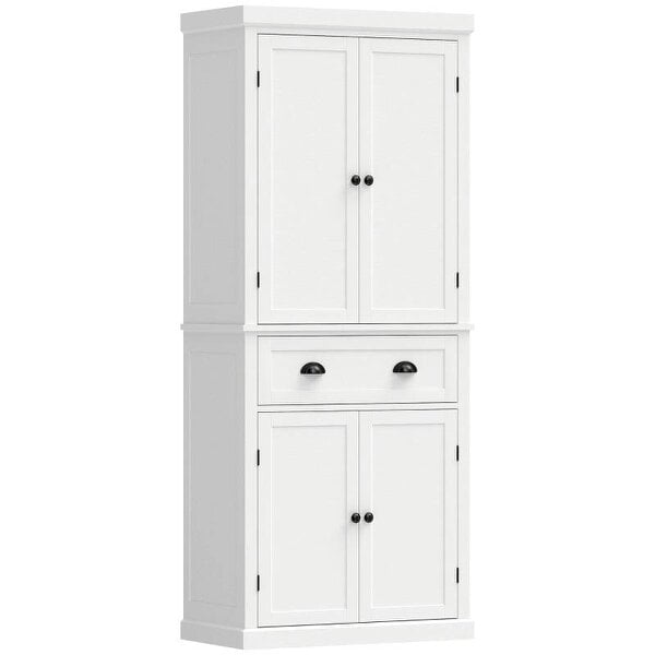 Tall Kitchen Cupboard, 183 cm Freestanding Storage Cabinet with Drawer, 4 Doors and Adjustable Shelves, White