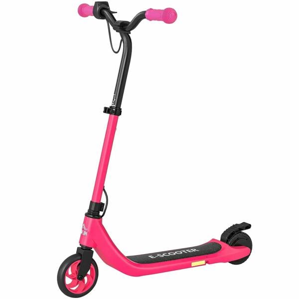 Pink foldable kids electric scooter with black handlebar grips and foot deck