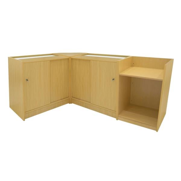 Maple Aries LED Shop Counter Set featuring a sleek design with two cabinets and an open shelf, ideal for retail displays