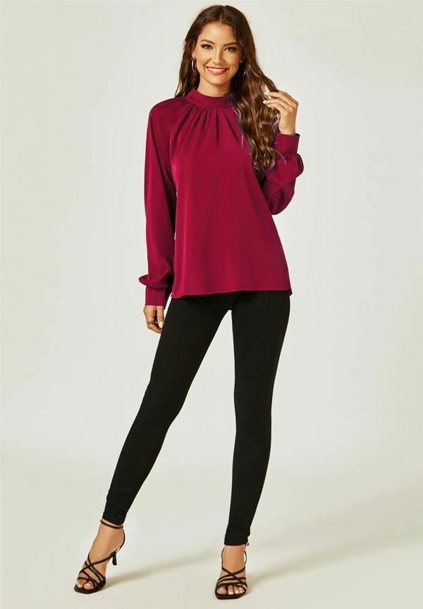 FS Collection Halter Neck Long Sleeve Blouse Top In Wine Red