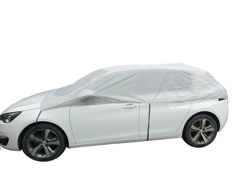 The Nylon Car Top Cover medium by OLPRO on a white Peugeot car on a white background.