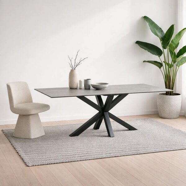 Wyld Haus Perth 200cm Grey Ceramic Rectangular Dining Table Industrial Black Metal Legs