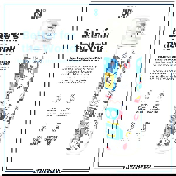 ION8 Leak Proof Slim Water Bottle, Stainless Steel, Robots, 600ml (20oz)