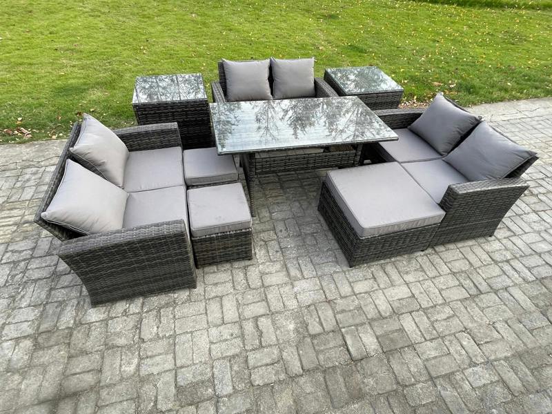 Fimous 9 Seater Wicker PE Rattan Garden Set, Outdoor Lounge Sofa, Dining Table, Double Seat Sofa, 3 Footstools and 2 Side Tables, Dark Grey Mixed