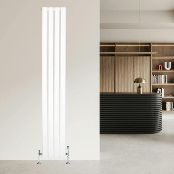 Sleek white flat single column radiator, 1800 x 280mm, mounted on a wall in a modern interior with stylish decor and lighting