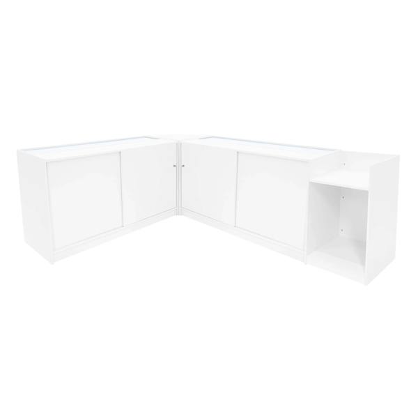 White Gravity LED Shop Counter Set featuring sleek design, smooth surfaces, and ample storage with a modern corner layout