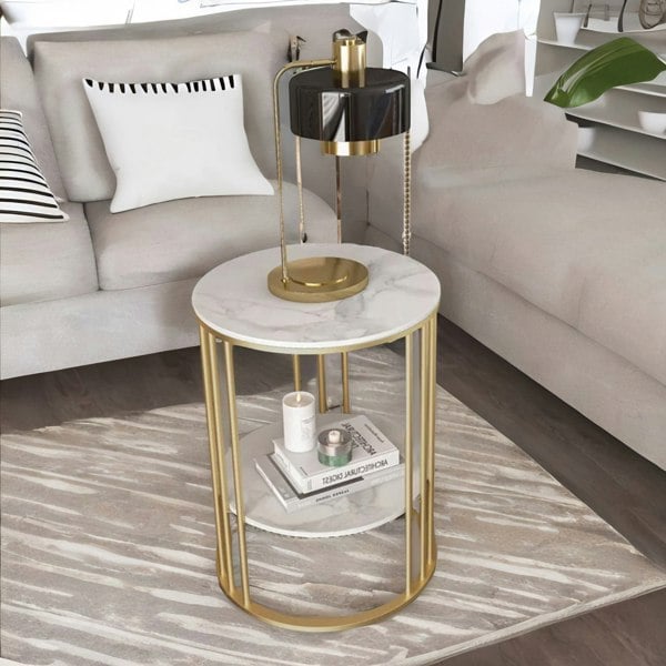 Rafaelo Mobilia 2 Tier Round Faux Marble Accent Coffee Side Table Gold