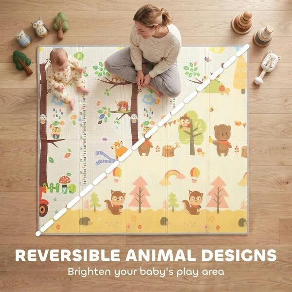 Foldable Reversible Baby Play Mat 200 x 180 cm, Waterproof, Non-Slip for Crawling and Learning, Tree & Forest Theme