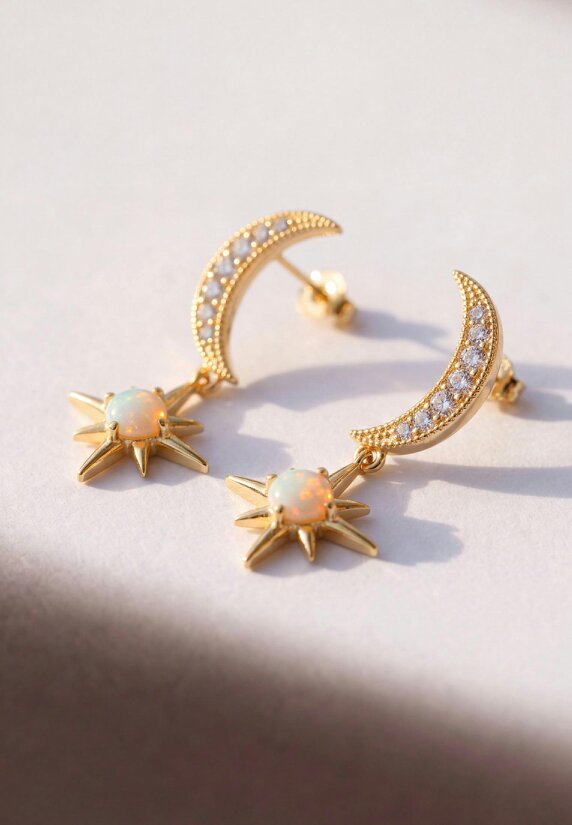 Latelita Crescent Moon And Starburst White Opal Drop Earrings Gold