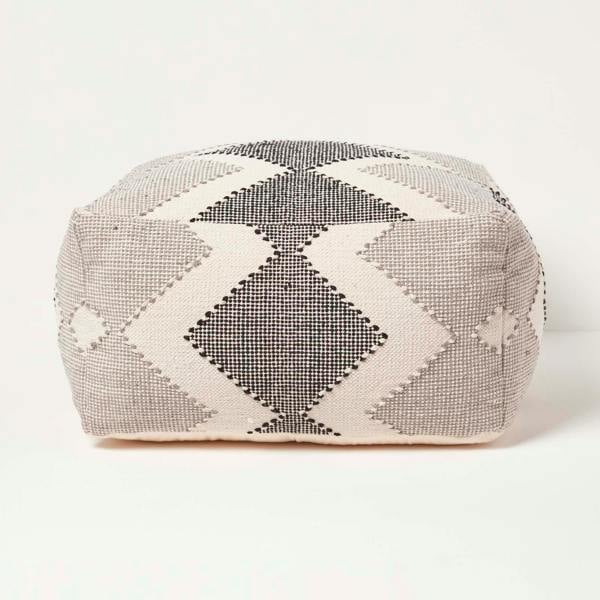 HOMESCAPES Malmo Handwoven Textured Grey & Black Pouffe Bean Cube