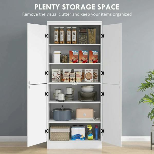 White tall kitchen cupboard with four doors open, multi-tier shelves stocked with jars
