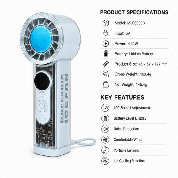 Dyzi Portable Ice Cooling Handheld Fan 199 Speed USB Rechargeable