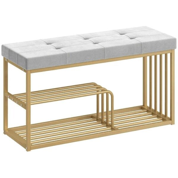 Bench and Shoe Storage, Tufted Shoe Storage Bench with Velvet Seat Cushion Gold Steel Frame for Entryway, Grey