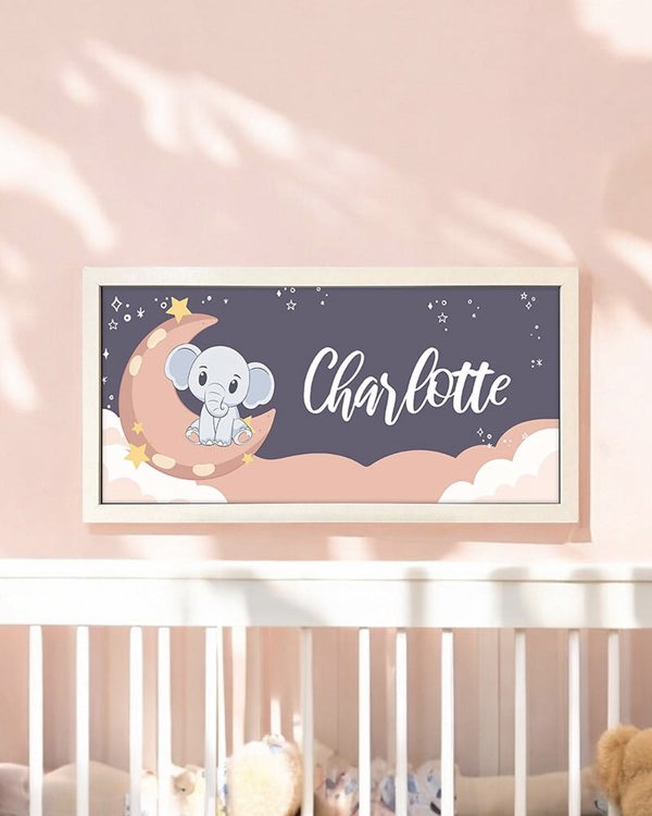 Personalised Nursery Wall Art Print - Elephant and Moon Framed Keepsake