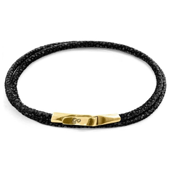 Anchor & Crew Raven Black Liverpool 9ct Yellow Gold and Stingray Leather Bracelet