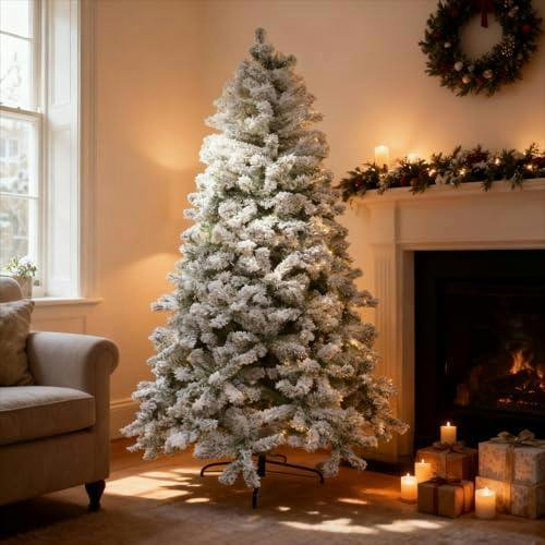 4ft to 7ft Green Snow-Flocked Artificial Christmas Trees with PVC Tips and Metal Stand image 4