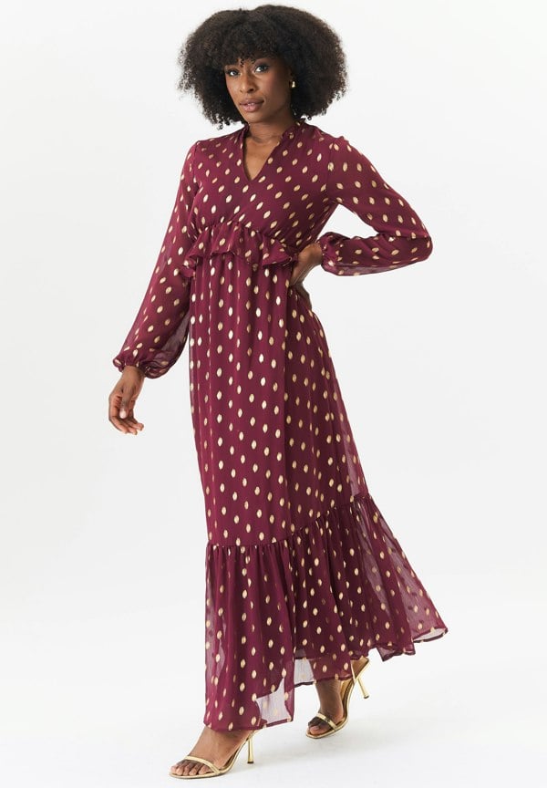 Gini London Burgundy Foil Print Ruffle Midi Dress