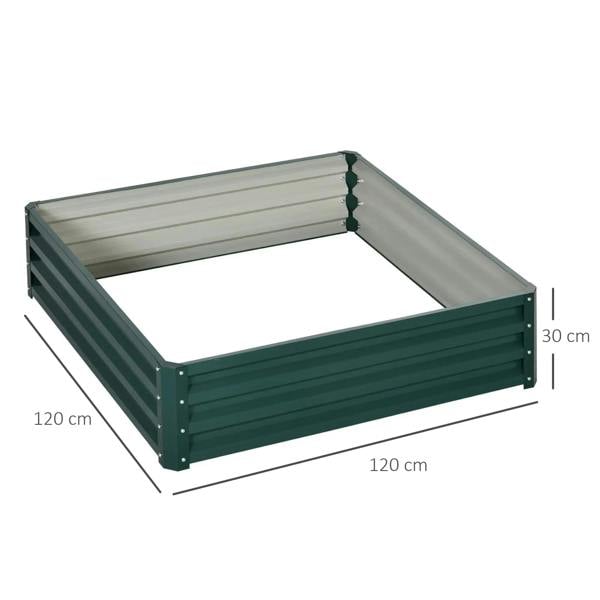 Green square raised garden bed box with slatted sides, size 120 x 120 x 30 cm
