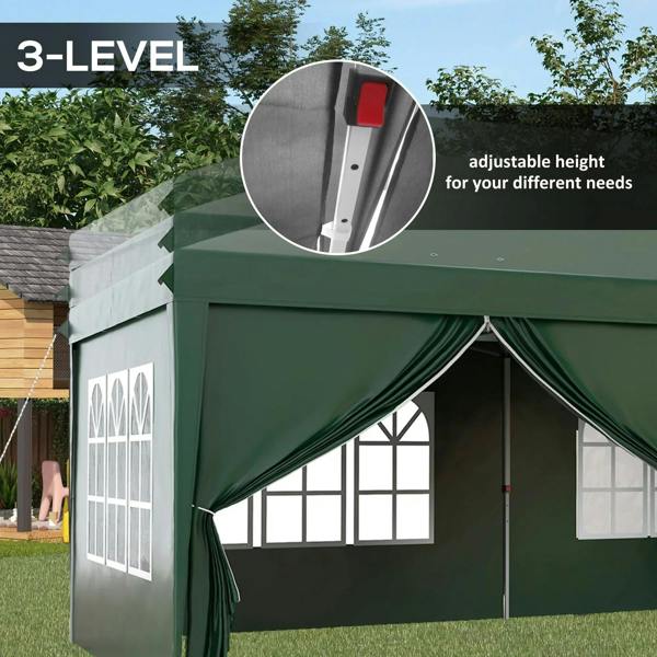 Dark green pop-up gazebo front with window panels and adjustable-height roof detail