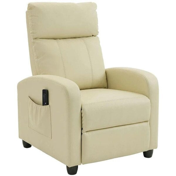 Recliner Armchair, Massage Faux Leather Push Back Reclining Chair with Adjustable Leg Rest, Side Pocket, Cream White